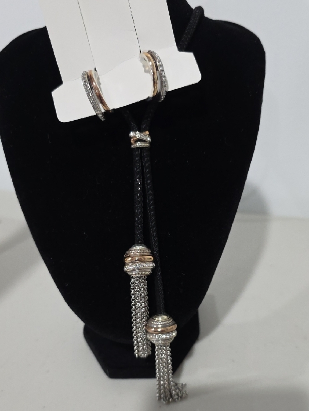 Brighton Neptune's Rings Black Cord Lariat Necklace Tassels & Matching Earrings